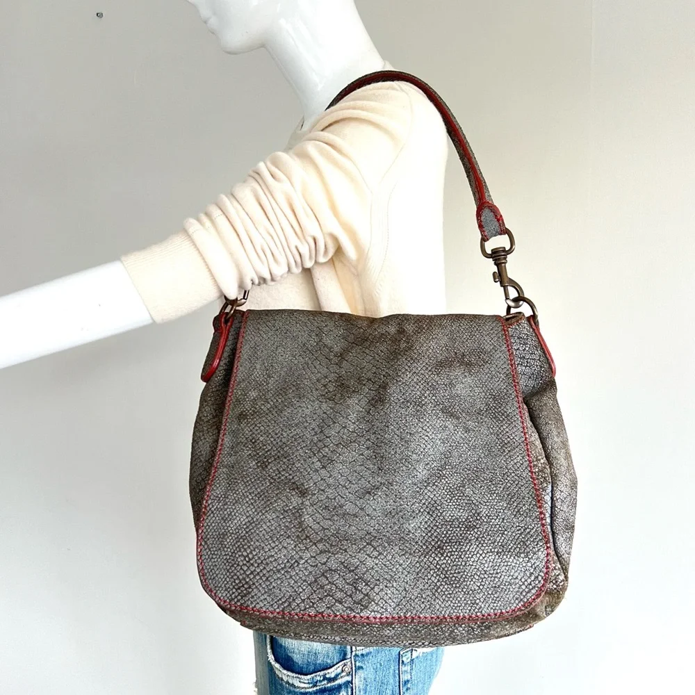 LIEBESKIND Berlin Gray Snake Print Leather Red Stitching Flap Shoulder Bag Tote
